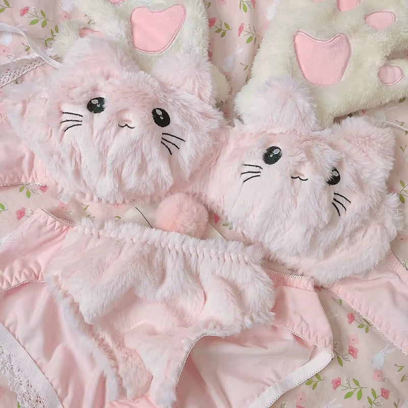 2021 Winter Bra and Panty Set Lolita Cat Girl Plush Underwear Set Kawaii Lingerie Clothing Women Anime Cosplay Push up Intimate