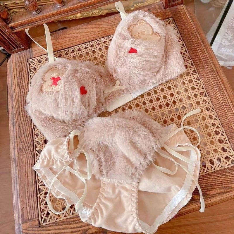 Bear Furry Bra and Tie Side Panty Set Women Cartoon Anime Cosplay Underwear